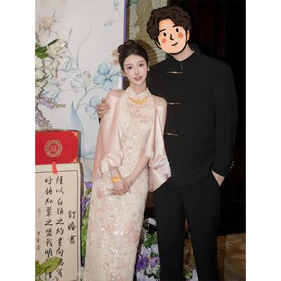粉色新娘晨拍新中式敬酒服结婚出嫁礼服裙粉色改良订婚旗袍高级感