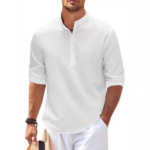 Men's shirt long sleeved stand up collar open button