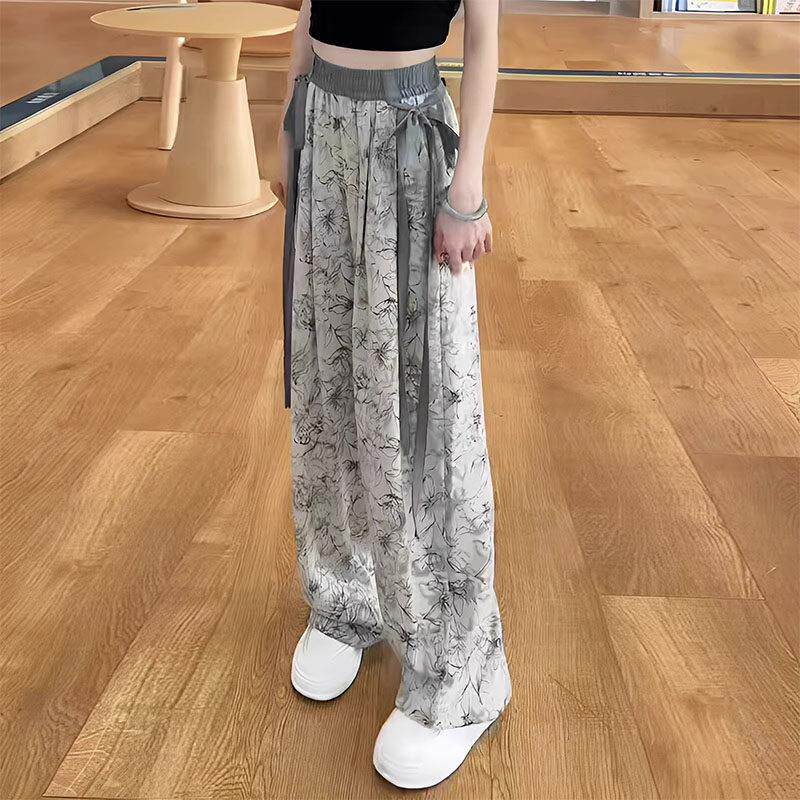 潮牌水墨花阔腿裤女夏季新款薄款舒适高腰垂感大码宽松直筒拖地裤