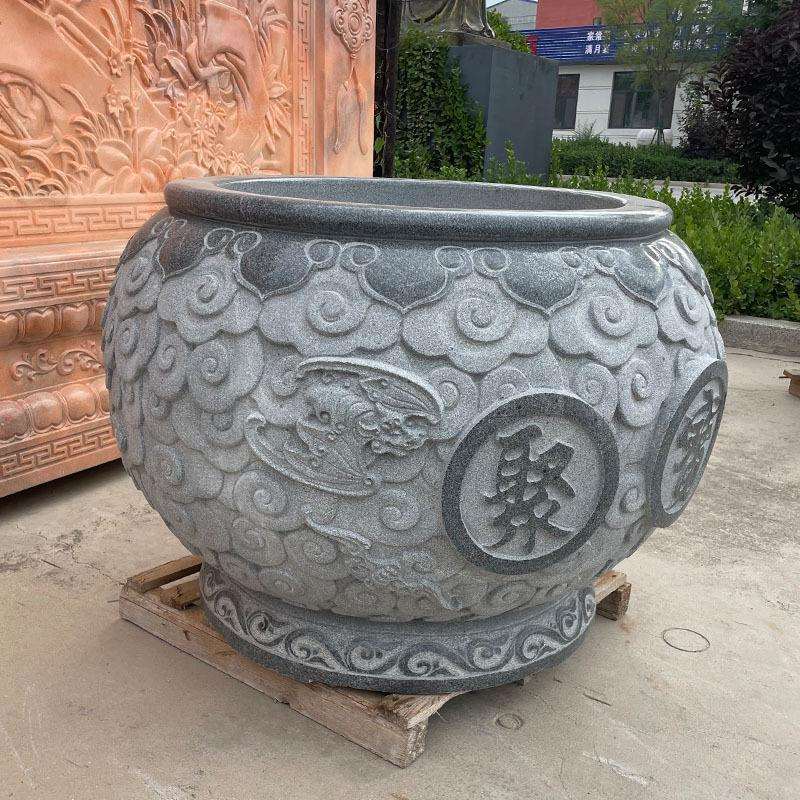 石雕花岗岩鱼缸青石荷花鱼缸花盆百福缸仿古庭院门海户外石缸圆盆