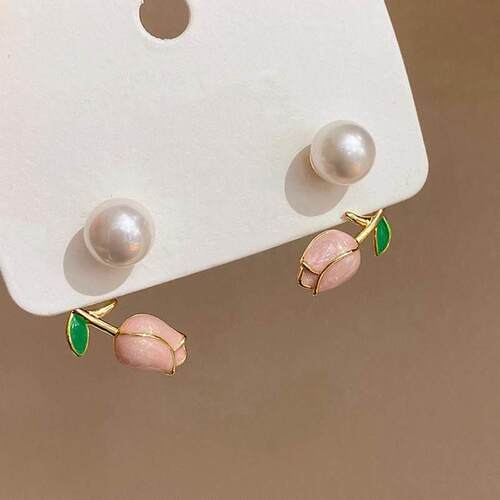 French Light Luxury Pink Tulip Flower Pearl Stud Earrings Fo