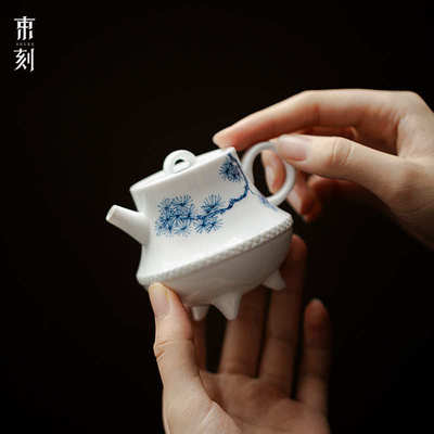 束刻白瓷玉泥纯手绘松峰三足茶壶功夫茶具手执壶家用泡茶壶不烫手