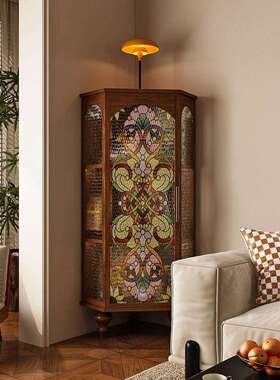 中储古风实木柜三角客厅柜靠墙角381落置物展示法式复古玻璃物收