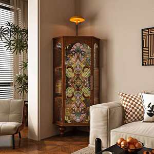 577中风实客木三古角柜靠墙角落置物展示柜法式复古厅玻璃储物收