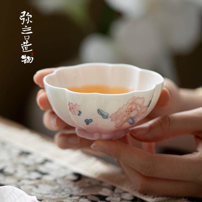 弥言创意椭圆花瓣主人杯家用大号茶杯珐华彩手绘牡丹高颜值品茗杯
