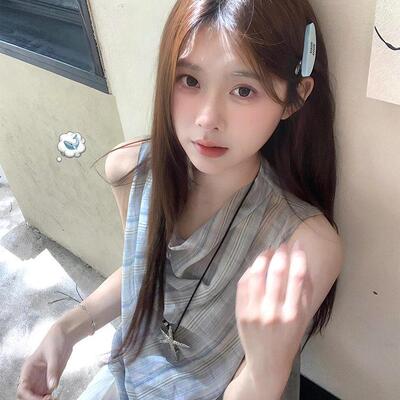 法式Rixo Kelly蓝色无袖格纹t恤女夏气质穿搭背心荡领上衣两件套