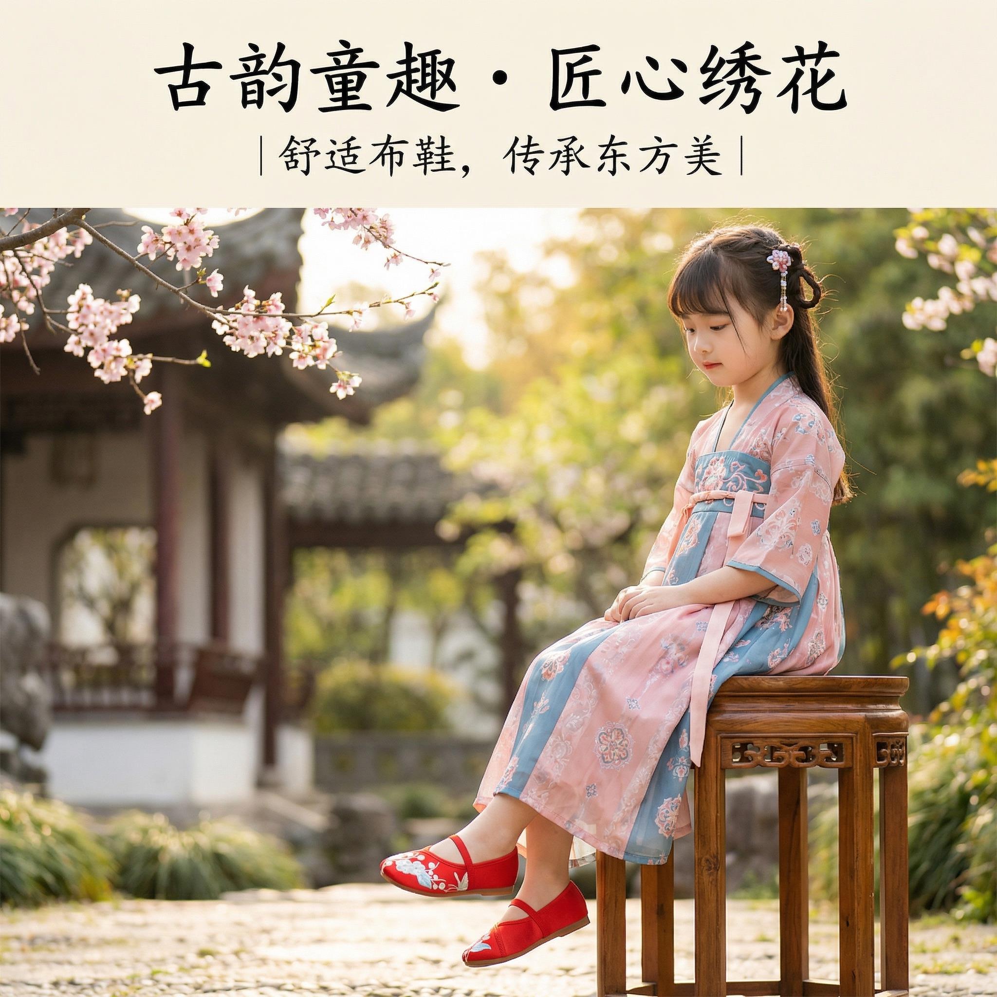 汉服绣花鞋儿童马面裙古风鞋女童古装演出鞋子女款新中式国风布鞋图片