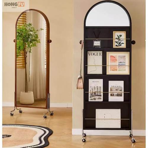 古中杂实木可移全身镜家用置物架志架复古XFR落地旋转穿衣镜全身