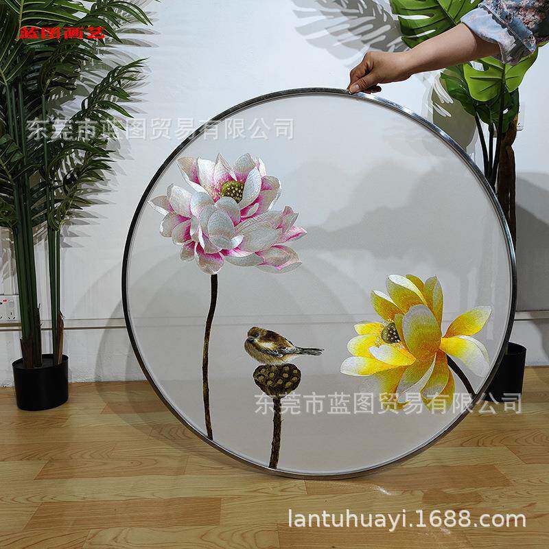 双面刺绣圆形边框半透明纱布屏风隔断玄关画心中式荷花蓬荜生辉