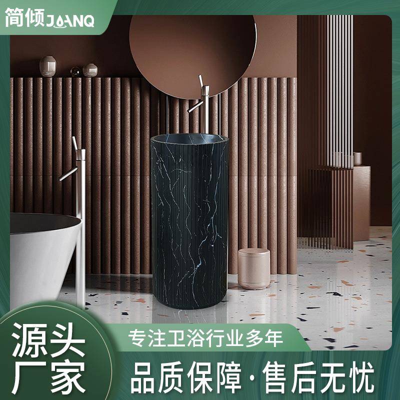 创意一体立柱洗漱池酒店别墅工程用艺术柱盆水转印人造石立柱盆