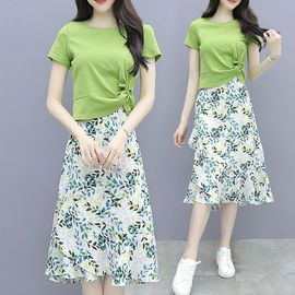夏季套装2024潮裙子学生韩版时尚气质短袖女雪纺半身裙两件套