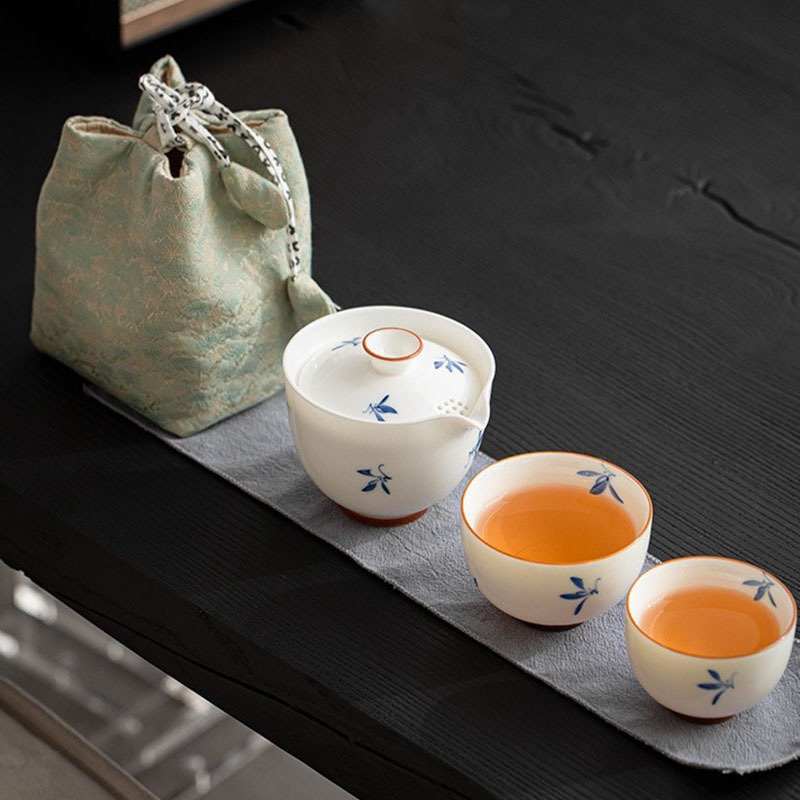 釉下手绘蝴蝶兰花旅行茶具 户外泡茶快客杯便携一壶二杯小清新