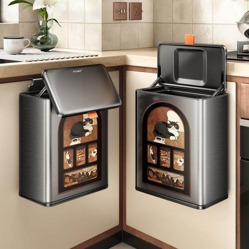 天地鱼壁挂垃圾桶家用2026新款厨房用免弯腰厨余挂式不锈钢垃圾桶