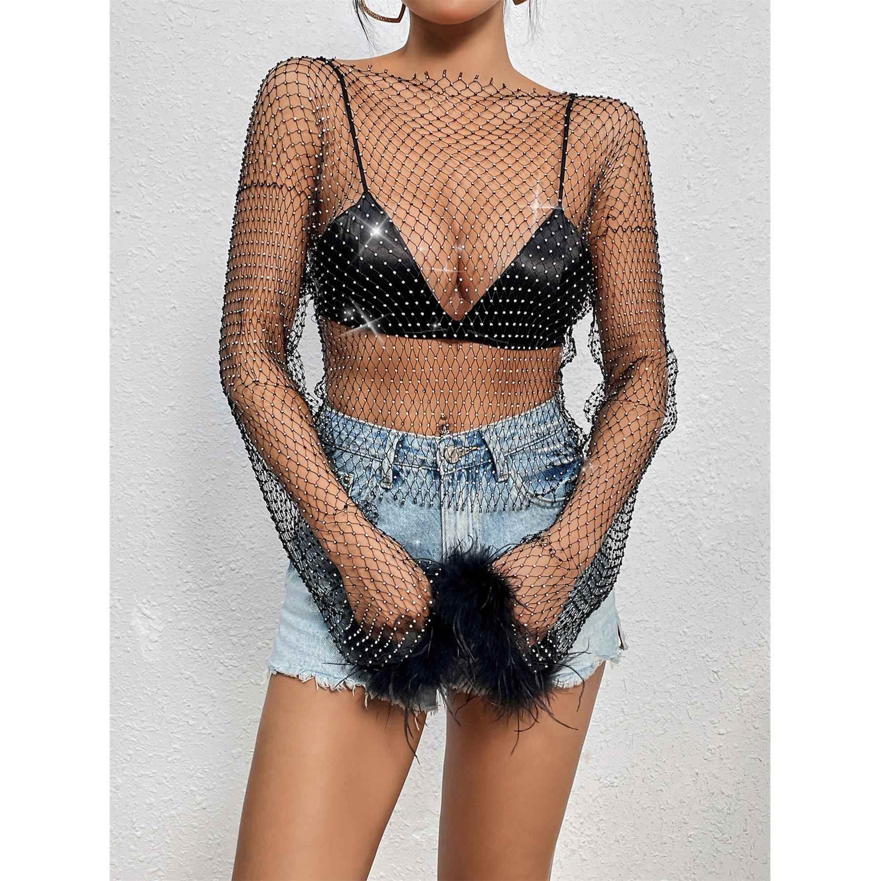 Long Womens Tops Diamond Hollow Fur T-shirt Grid Fishnet
