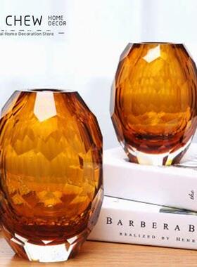 现代简约几何六角花瓶橙色水晶立体高档玻璃花瓶摆件玄关酒柜软装