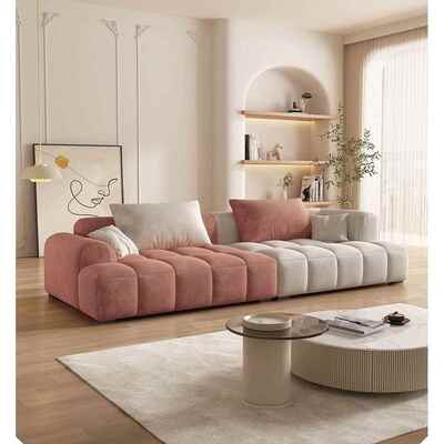 油奶风科技绒沙发厅客小户EIQ型客厅组合轻奢直排拼色网风红l型沙