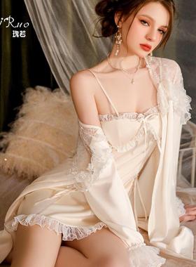 DZ瑰若蕾丝绑带诱惑缎面V领加胸垫甜美睡裙外袍家居服套装P2808