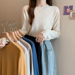 纯色针织毛衣女2026春季木耳边圆领长袖内搭上衣感打底衫0105w