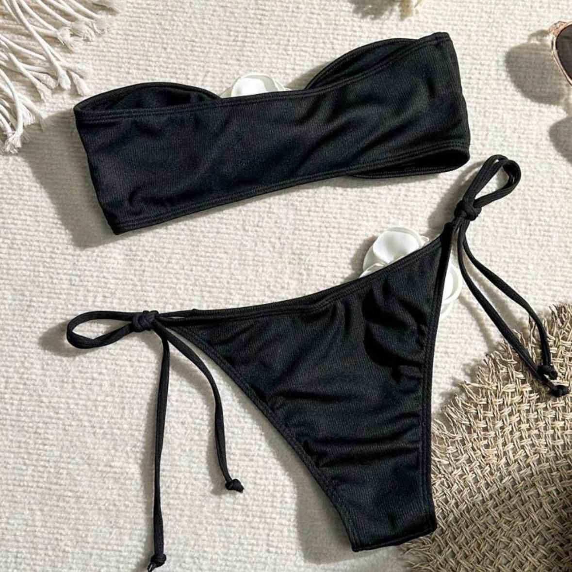bikini straps Solid tube swimsuit top rose color drawstring