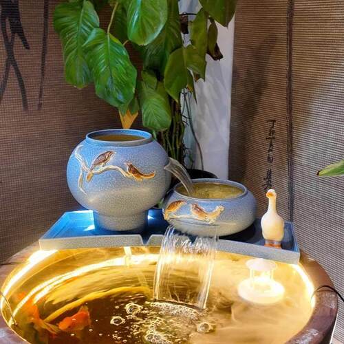 流水瀑布摆件陶瓷罐循环水鱼缸造景过滤增氧流水古法生态鱼缸景观