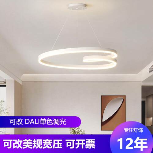 铝材吊灯 现代极简约黑白色LED灯智能语音控制圆圈线条形客厅吊灯