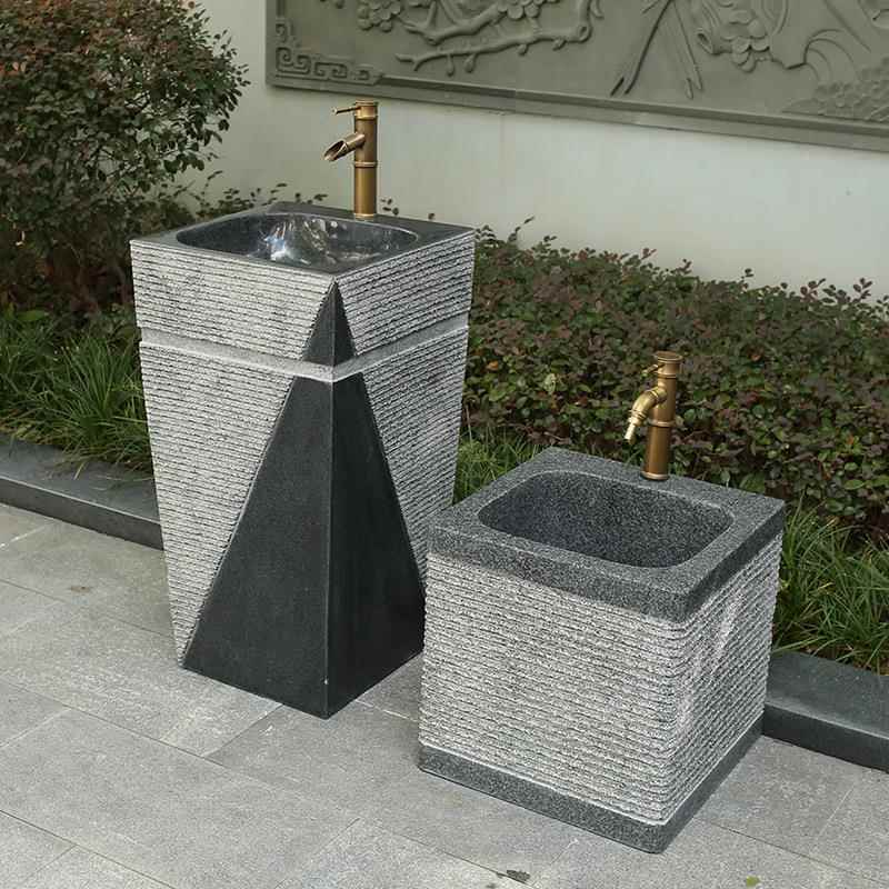 天然石材大理石洗手盆台一体立柱式庭院水池户外花园石头水槽家用