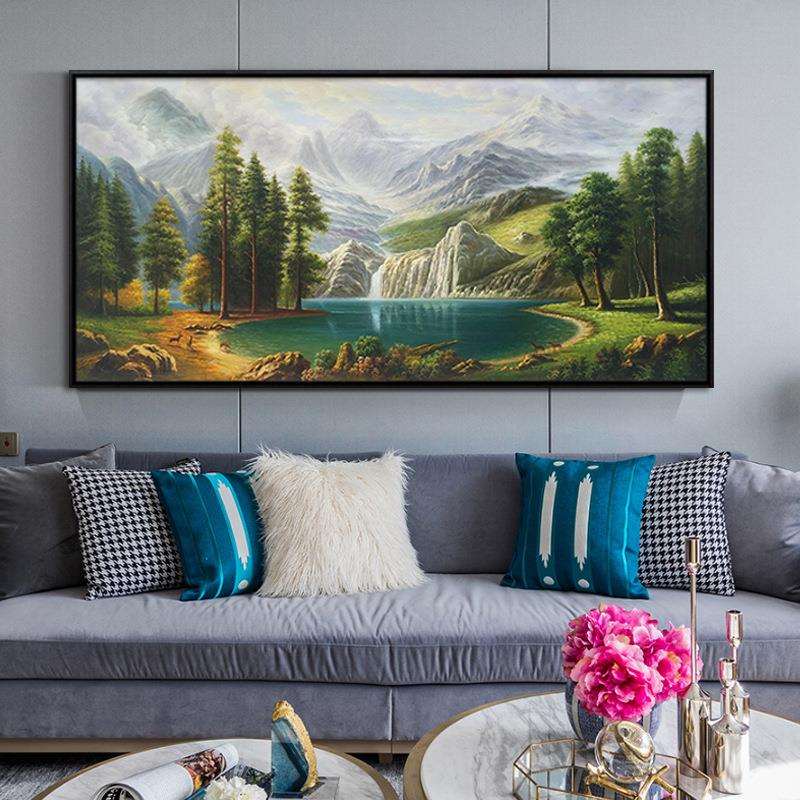 中式客厅装饰画手绘油画挂画鹿客厅壁画玄关装饰画山水画风景