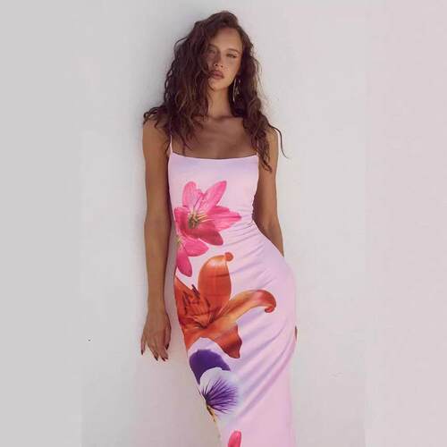 Fashion Elegant Floral Print Halter Dress Sexy Casual