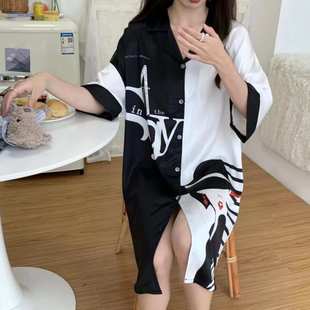 裙薄款 睡衣女2024年新款 冰丝衬衫 夏季 宽松条纹性感家居服 睡裙短袖