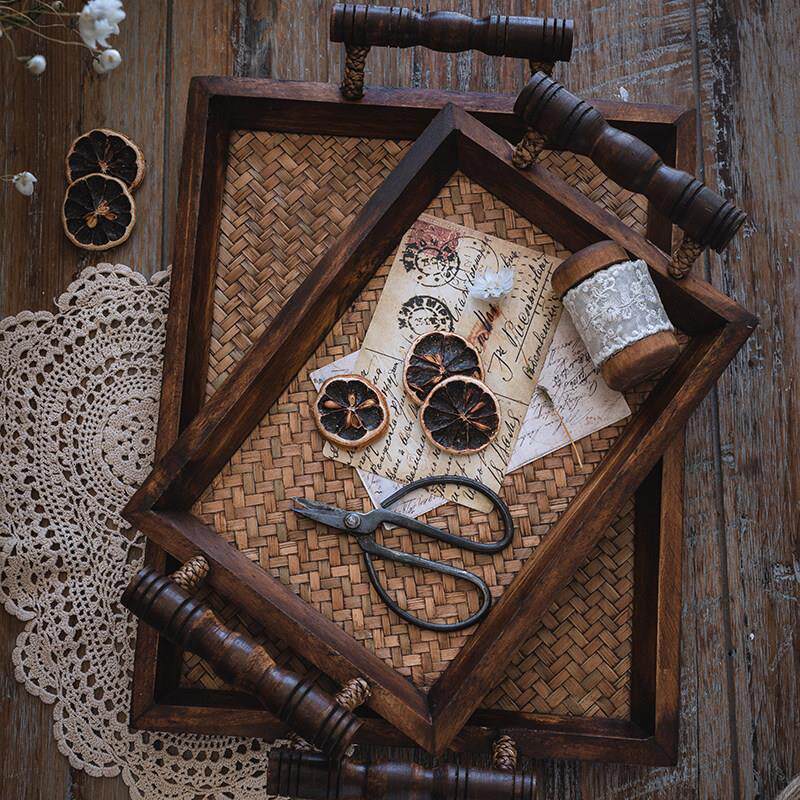 ZT北欧覆古日式木制竹编点心早餐大托盘双耳长方形平盘水果盘茶盘