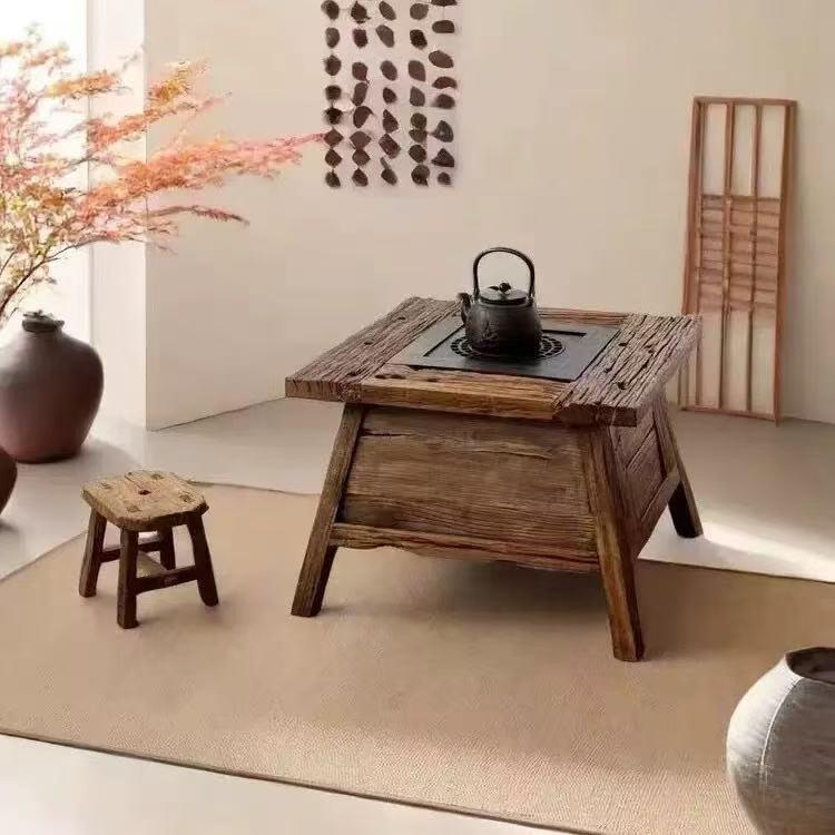 实木围炉煮茶火塘小方桌榆木茶台家用阳台民宿原木茶几茶椅茶桌