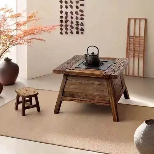 实木围炉煮茶火塘小方桌榆木茶台家用阳台民宿原木茶几茶椅茶桌
