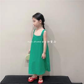 木西童品2024夏韩国(夏韩国)版女童森系绿色，蕾丝花边吊带长裙背心连衣裙