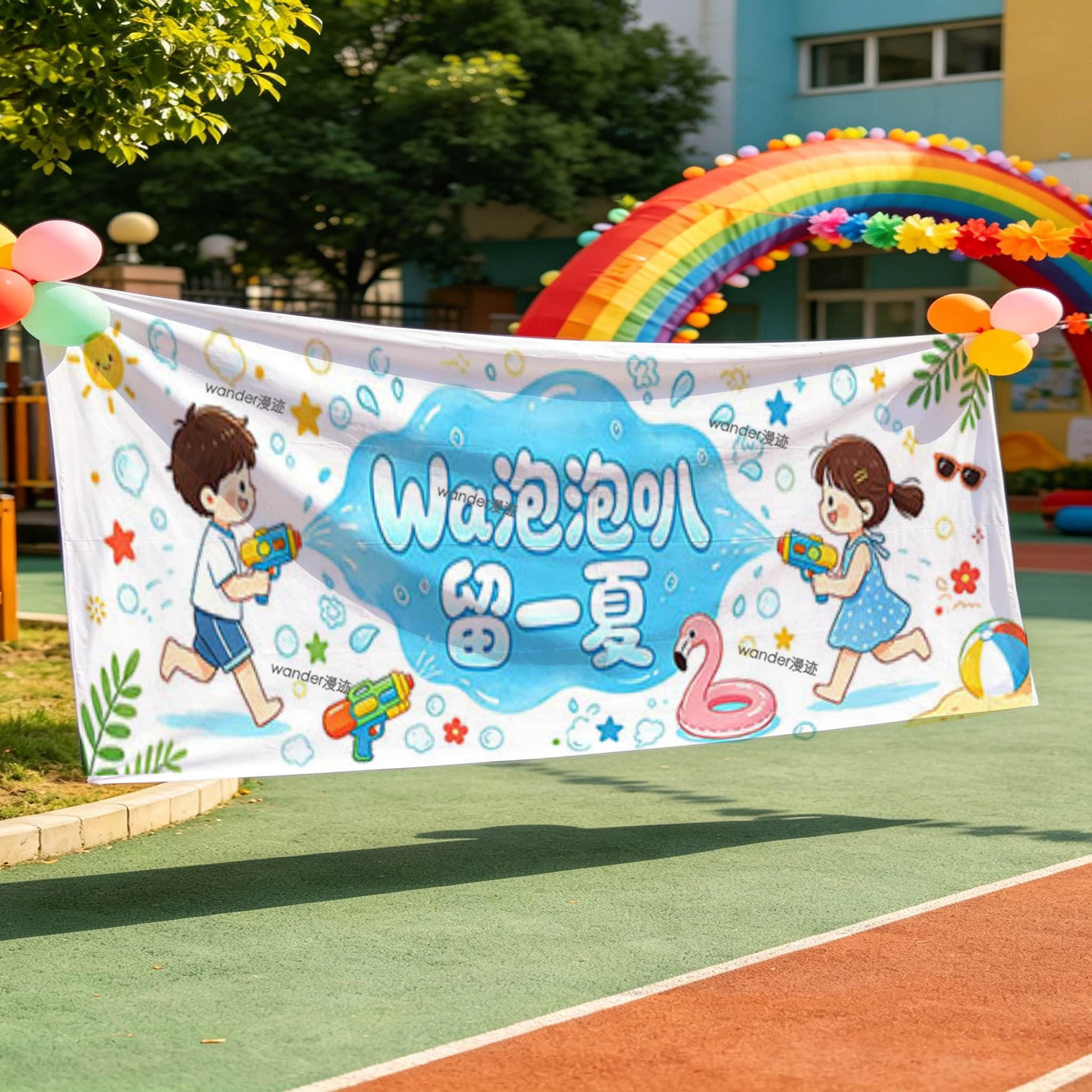 夏日玩水西瓜主题挂布幼儿园户外环创六一布置氛围横幅拍照背景布