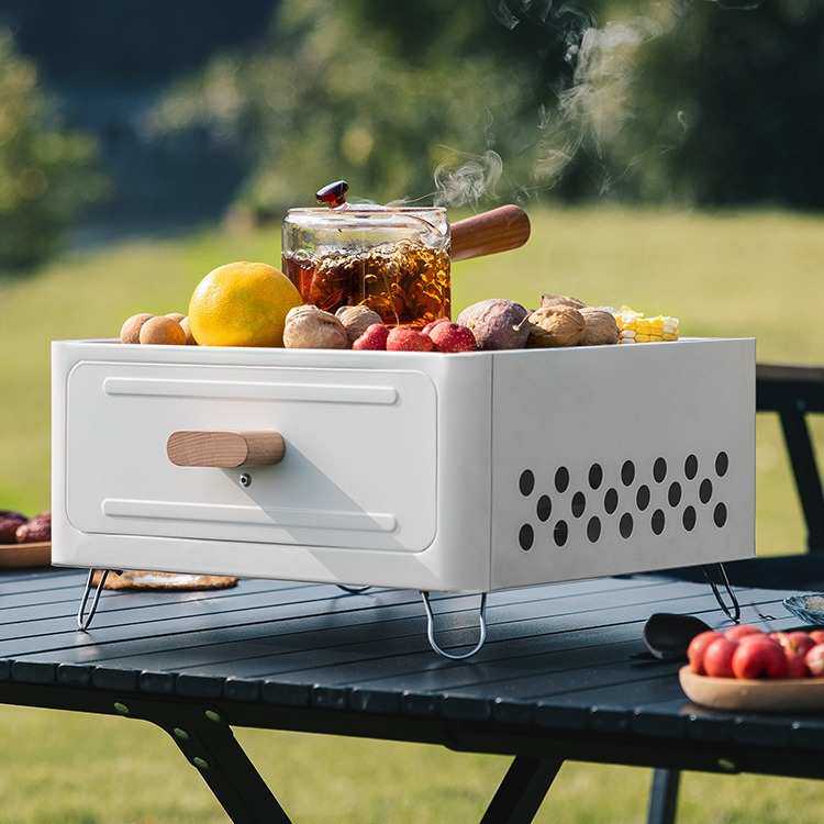 户外露营烧烤炉家用庭院便携木炭烧烤架方形围炉煮茶易清洗抽屉炉