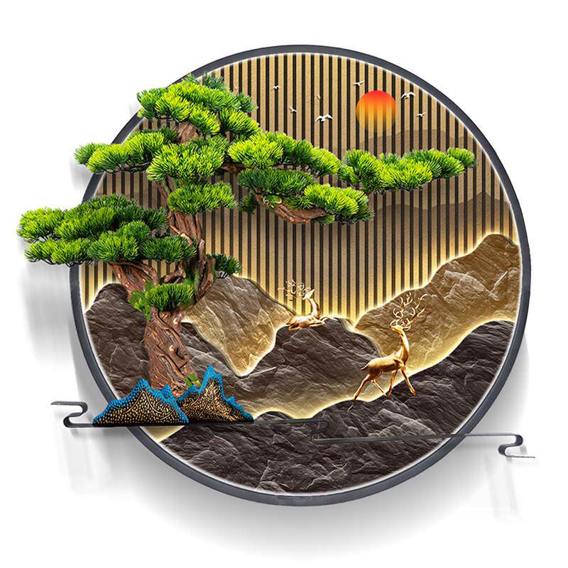 创意新中式茶室客厅沙发背景墙玄关装饰画山水壁挂圆形灯光画挂饰