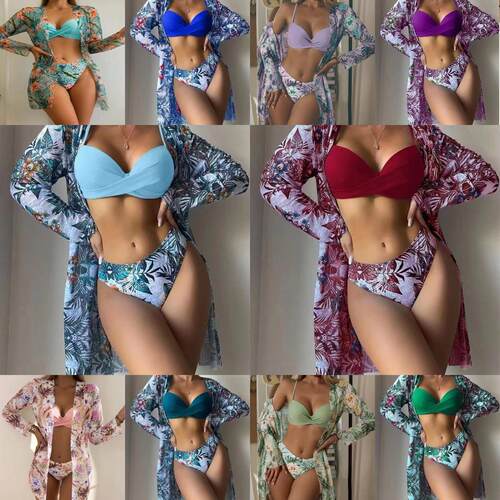 Printed batch three piece bikini women's swimsuit