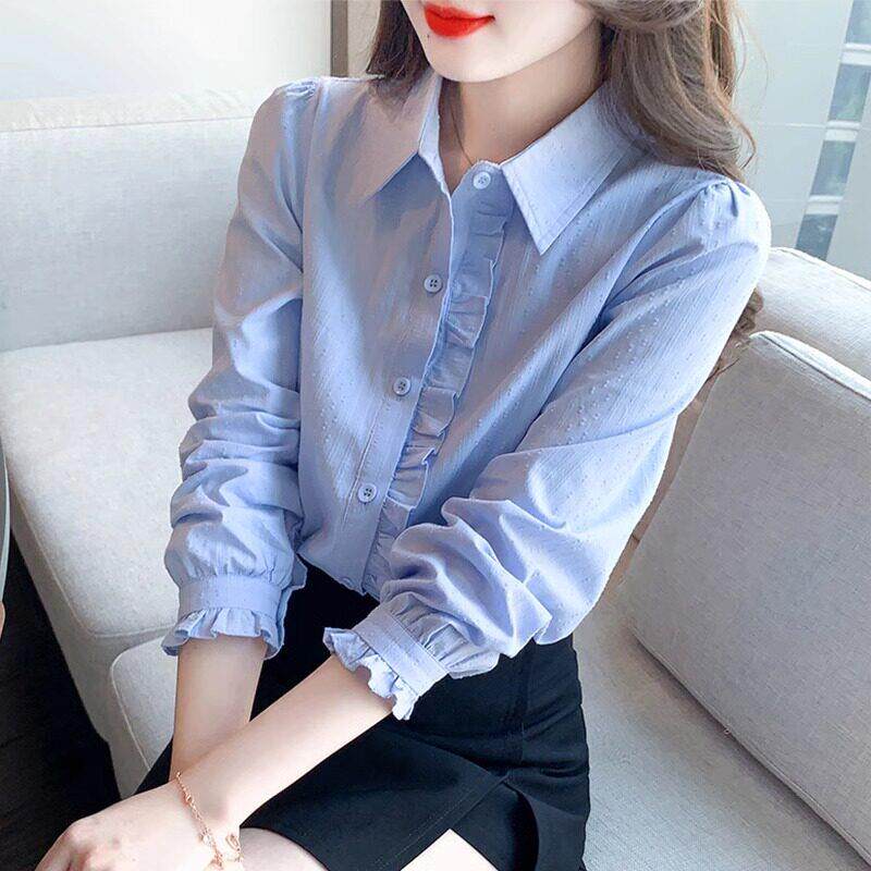 蓝色长袖衬衫女高级感春秋2025年新款时尚洋派宽松纯棉衬衫女上衣