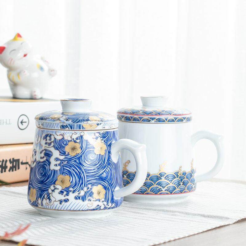 珐瑯彩描金陶瓷办公杯家用带盖子过滤个人马克杯茶水分离泡茶水杯