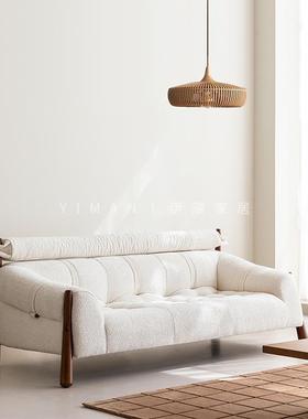 中古风奶油实木设计师创意小户型白色覆古白蜡木三人位布艺沙发