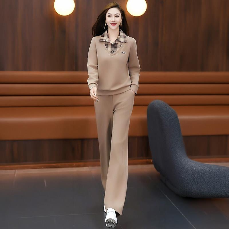 2025春装高级感格子拼接上衣休闲运动服套装女减龄春秋妈妈两件套