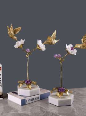 轻奢铜鸟晶石白色大理石家居艺术摆件卧室客厅电视柜家居装饰品