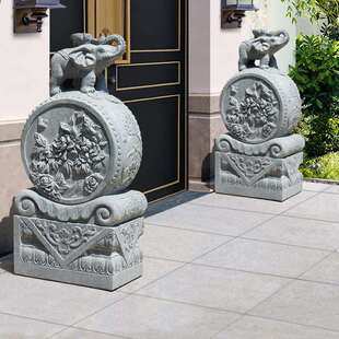 石雕青石仿古门墩门口抱鼓石摆件一对家用看门石狮子貔貅小象石鼓