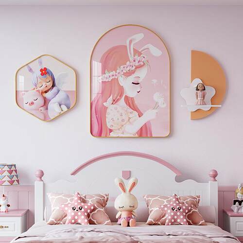 新款儿童房卧室装饰画床头挂画可爱卡通温馨少女公主房壁画粉色女