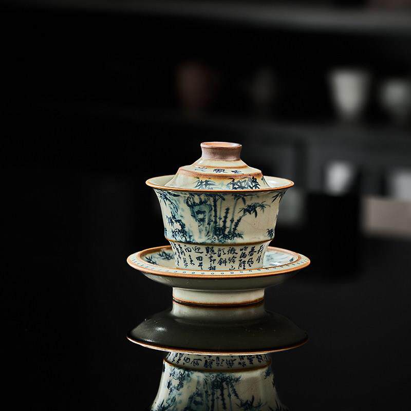 汝窑青花三彩盖碗陶瓷功夫茶具套装防烫手碗带盖茶杯中式礼品
