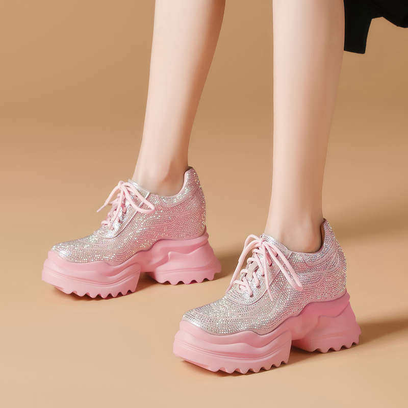 10CM厚底内增高女鞋春季新款水钻满钻女款单鞋超高跟坡跟休闲鞋子