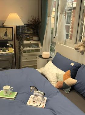 正品is日式纯色蓝色男士生宿舍公寓水洗棉床上学四件套全棉n纯被