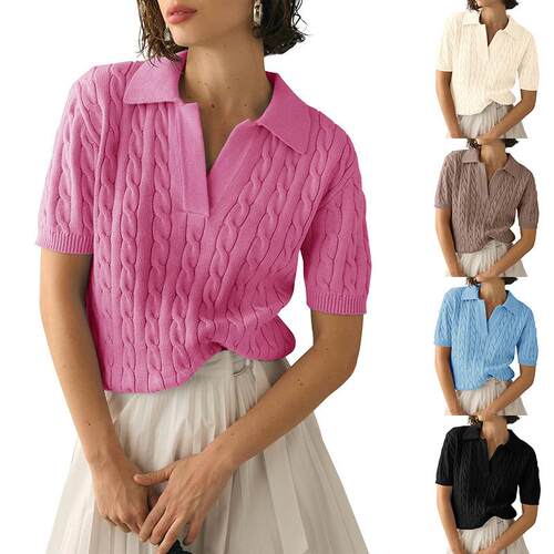 Women'S Short Sleeve Sweaters Tops Polo V Neck Cable Knit