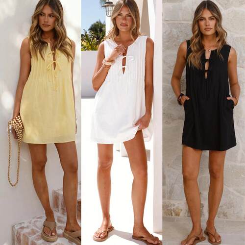 Women's Plain Tie Front Dress  Casual Sleeveless Linen Dress