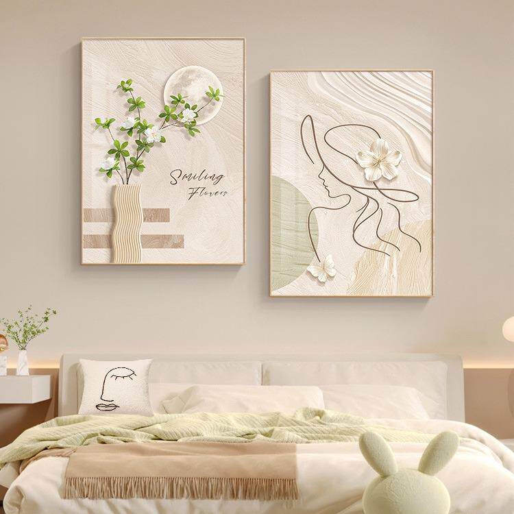 现代简约卧室床头装饰画抽象线条人物挂画奶油风原木风客厅墙壁画